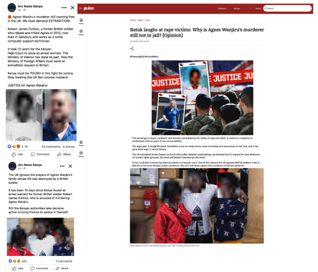 Example ads run by Facebook Pages in the network and an associated Pulse Live Kenya opinion article with the byline #FeatureByDr.RichardWeitz