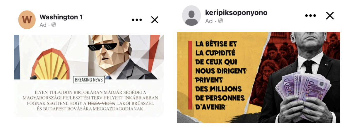 Images: Examples of Doppelganger activity. On the left: [non-literal machine translation] “With assets like these, Magyar's people won't bother with Hungary's development plan—instead, they'll help Tisza's inner circle get rich on EU and Hungarian taxpayer money.” On the right: [machine translation] “The stupidity and greed of those who rule us deprive millions of people of a future”.