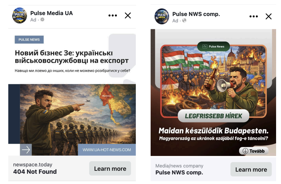 Images: Examples of ads imitating Doppelganger tactics. On the right: [non-literal machine translation] “BREAKING NEWS: A Maidan-style uprising is being planned in Budapest. Will Hungary be made to dance to Ukraine's tune?”. On the left: [non-literal machine translation] “Zelenskyy's new business: exporting Ukrainian soldiers. Why do we meddle in other countries' affairs when we can't get our own house in order?”.